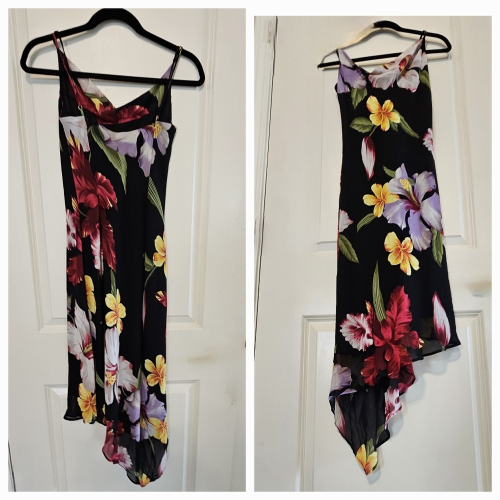 A vibrant, small-sized Lily floral asymmetric maxi dress.